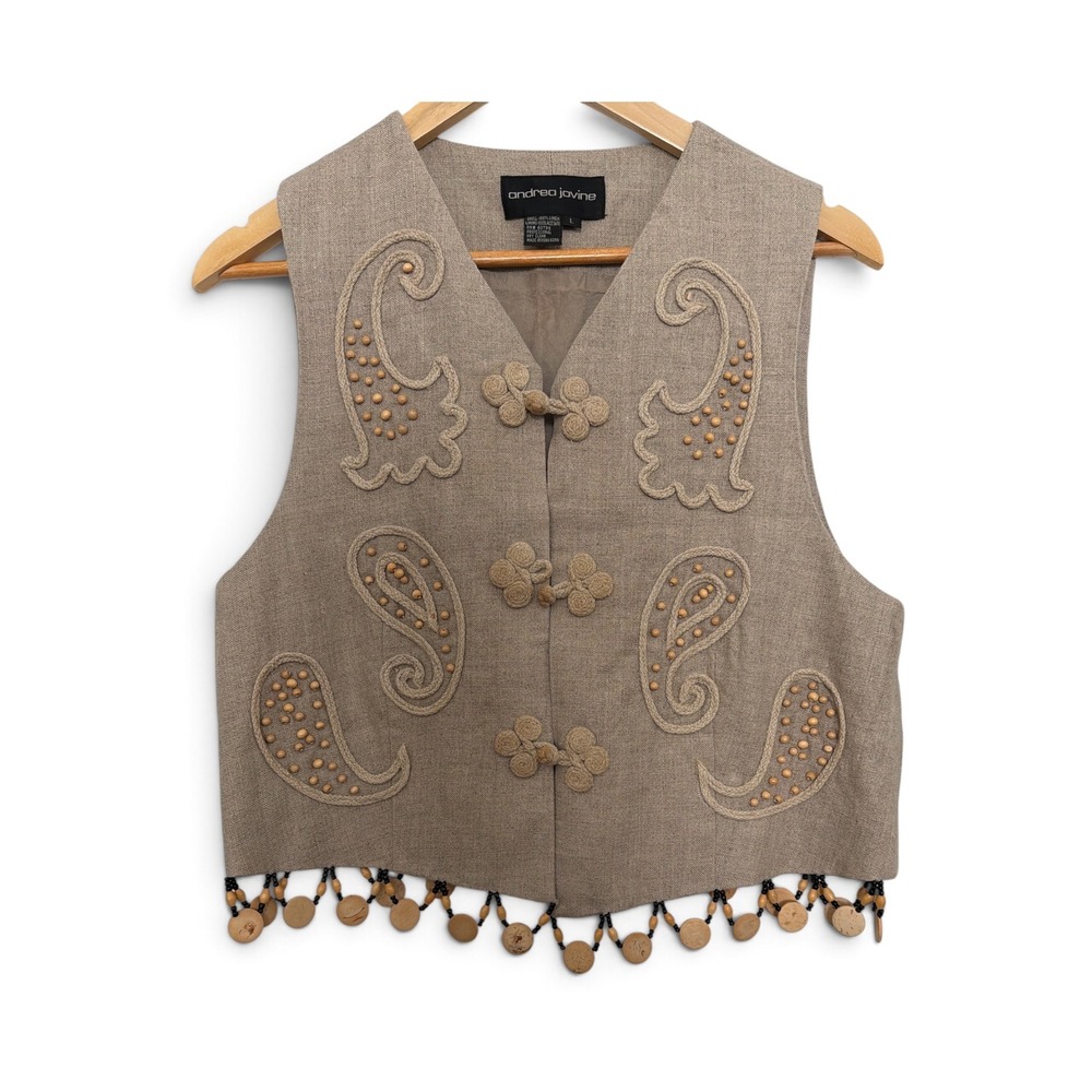 Vintage Andrea Jovine Linen Vest Shorts Set Tan Embroidered Beaded Womens L